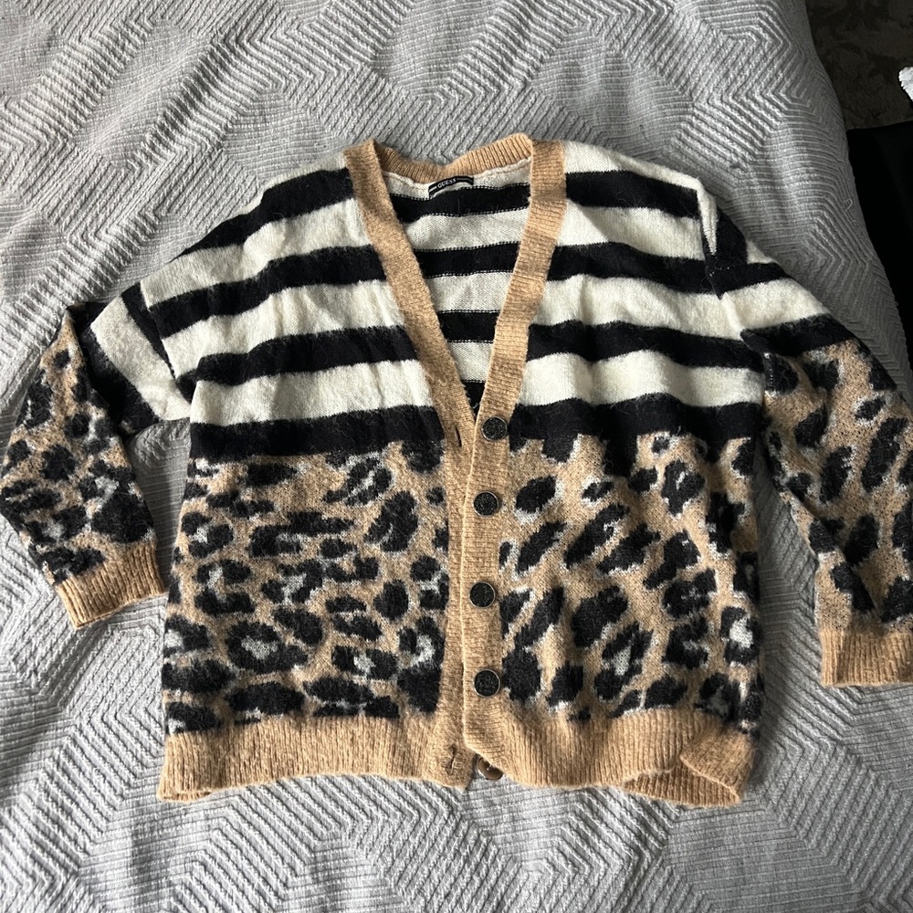 Leopard Print Striped Cardigan Sweater